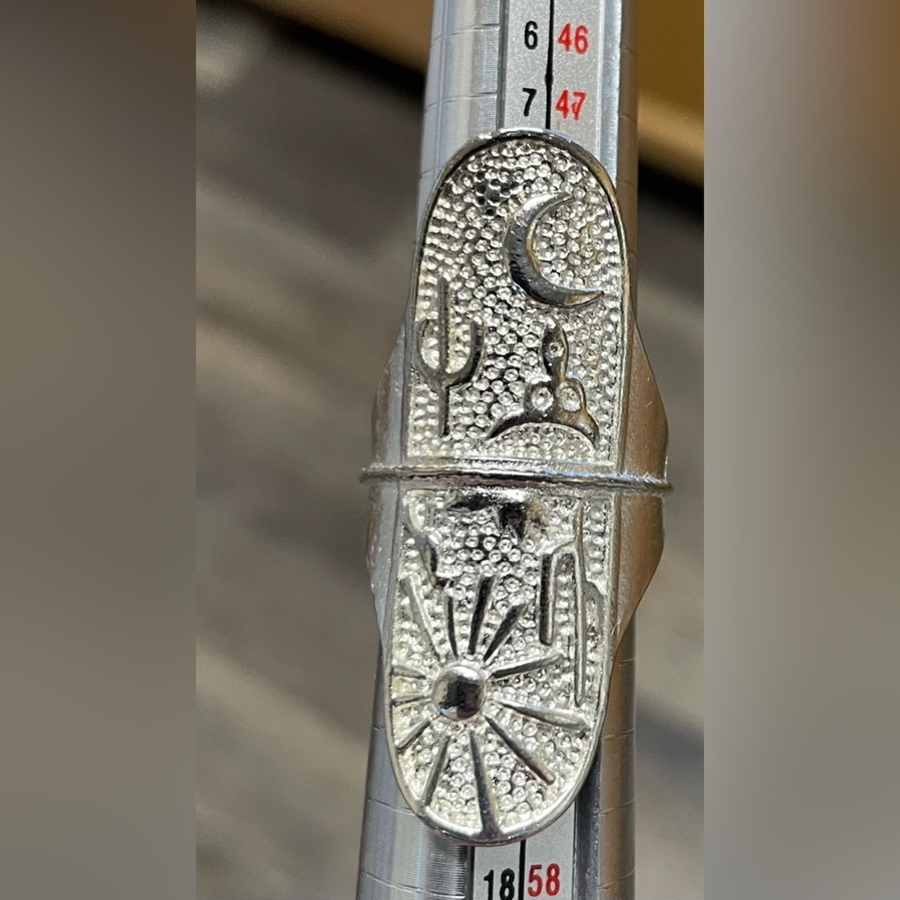 Silver Engraved Ring with Moon and Cactus Design